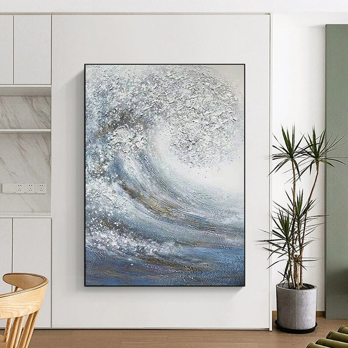 Large Size Blue and White Abstract Textural Wave Art PT258
