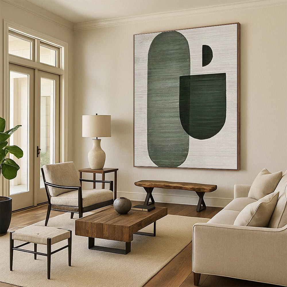 Minimalist Canvas Art Green Geometric Abstract Forms, Modern Art Acrylic PT554