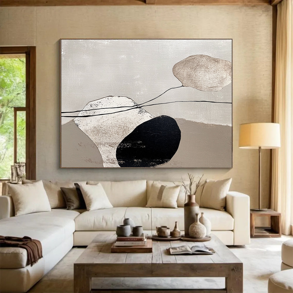 Large Abstract Art For Sale, Beige Black White Abstract Minimalist Geometric Art PT174