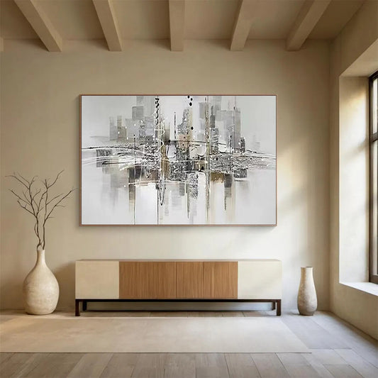 Hand-Painted Gray and Black Abstract City Reflection Art HPS351
