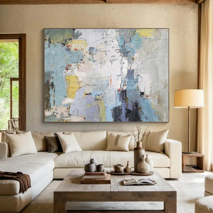 Modern Art Acrylic in Blue, Grey, Yellow, and White Abstract Textural Urban Shapes PT256