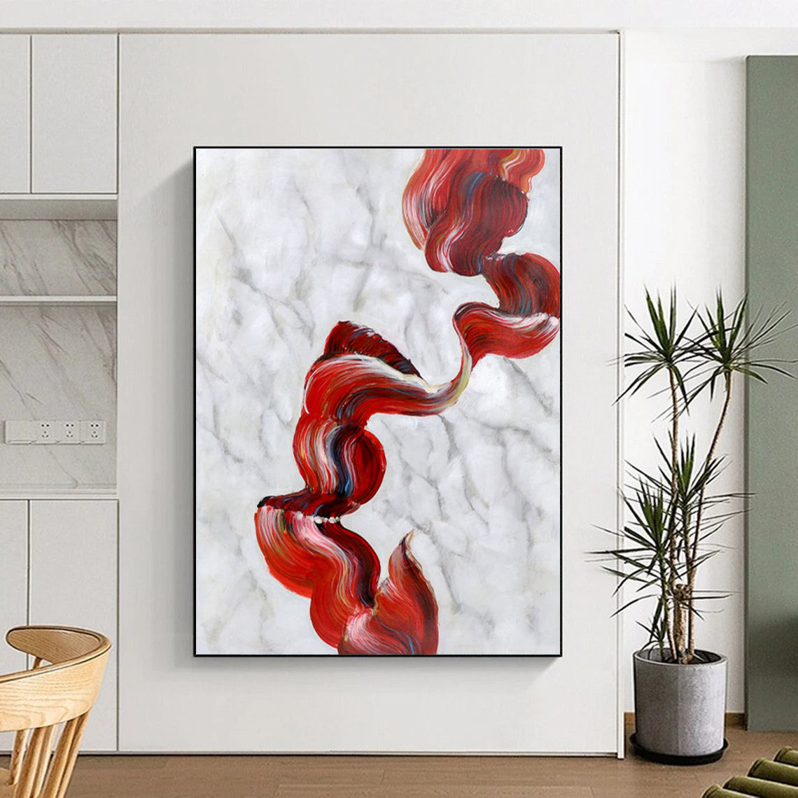 Hand-Painted Red White Textured Abstract Art PT396
