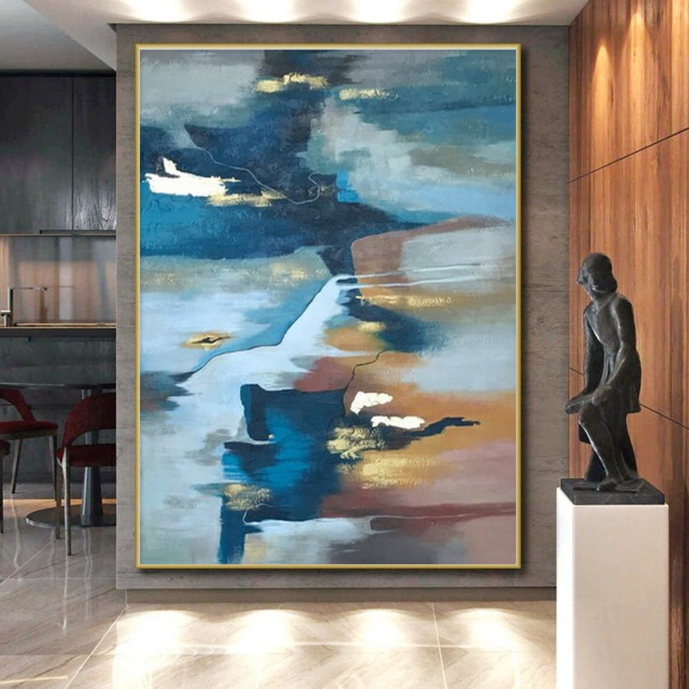 Large Contemporary Wall Art Blue, Brown, and Gold Abstract Art PT652