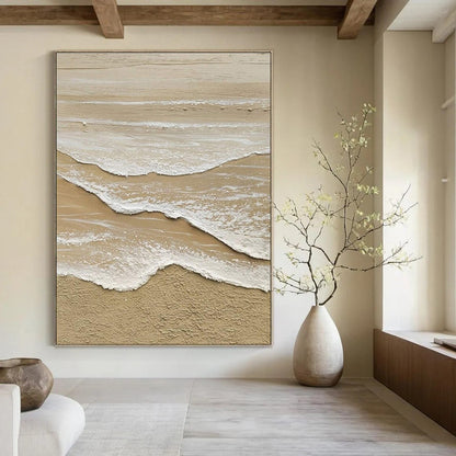 Large Contemporary Wall Art Beige & White Textured Beach Waves, Cool Abstract Paintings DPS492