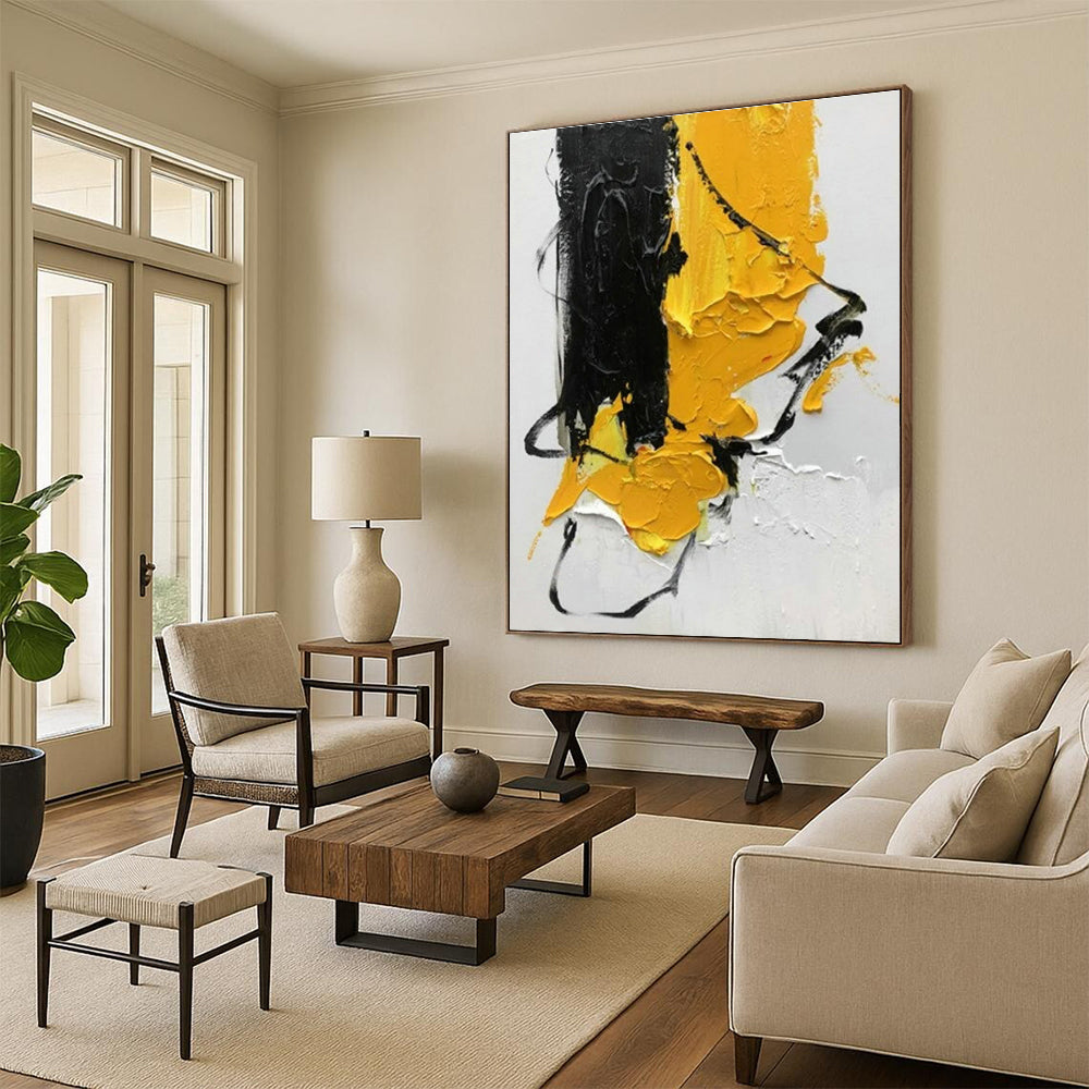 Hand Painted Art Black and Yellow Textured Abstract Composition, Acrylic Modern Art Painting PT521