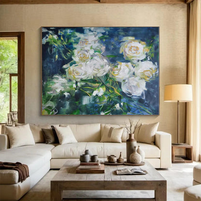 Impressionistic Floral Art - White Roses & Green Leaves Abstract Floral Painting PT608