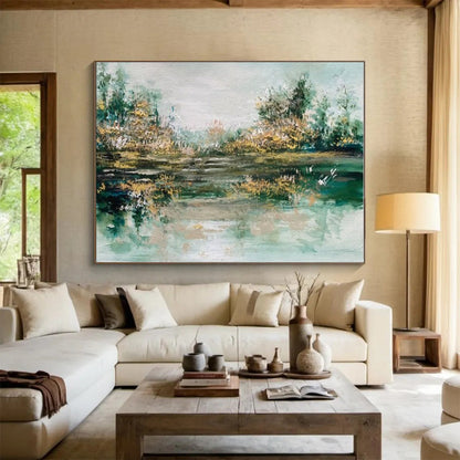 Large Contemporary Wall Art Green and Beige Abstract Lake Landscape Art HPS346