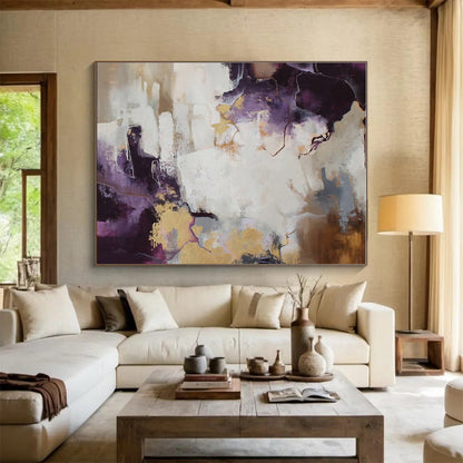 Modern Art Acrylic Purple, Gold & White Abstract On Canvas HPS045
