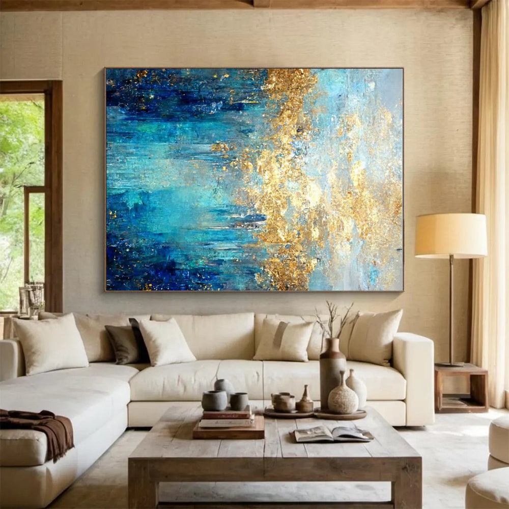 Oversized Abstract Wall Art Teal, Gold, and Blue Abstract Art PT658