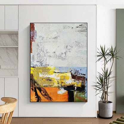 48x60 Orange, Yellow, White, and Gray Abstract Painting with Bold Textures, Cool Abstract Paintings PT206