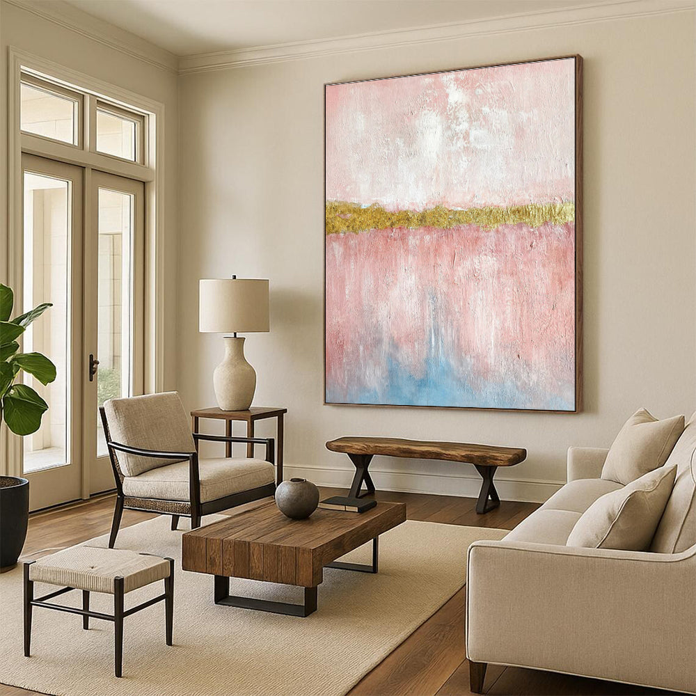 Large Size Pink, Gold & Blue Abstract Color Block, Large Contemporary Wall Art DPS507