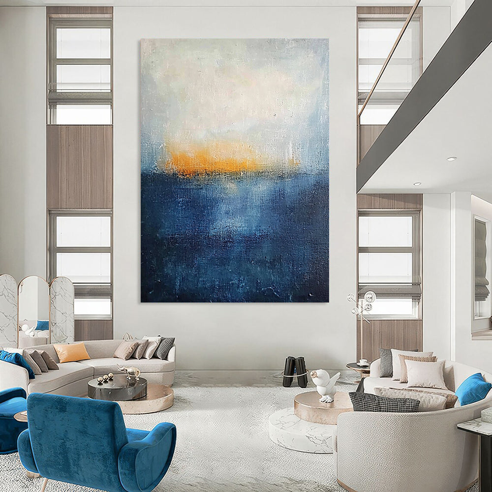 Minimalist Canvas Art Blue and Orange Abstract Sea and Sunset Painting DPS430