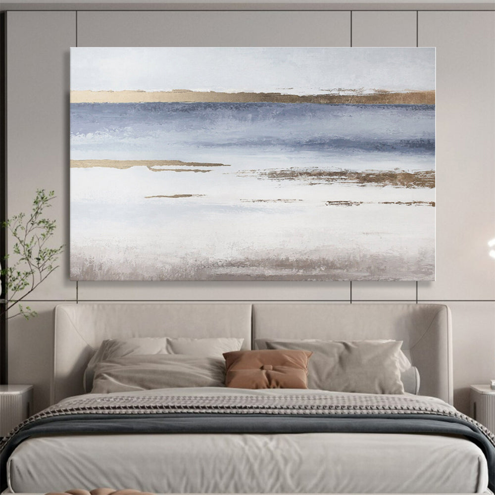 Minimalist Canvas Art Blue, Gold & White Landscape Abstract Painting On Canvas HPS116