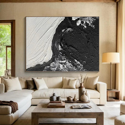 Oversized Abstract Wall Art in Black and White with Textured Brushstrokes PT019