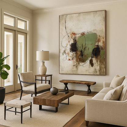 Large Contemporary Wall Art Green Brown Black Line Abstract Art PT500