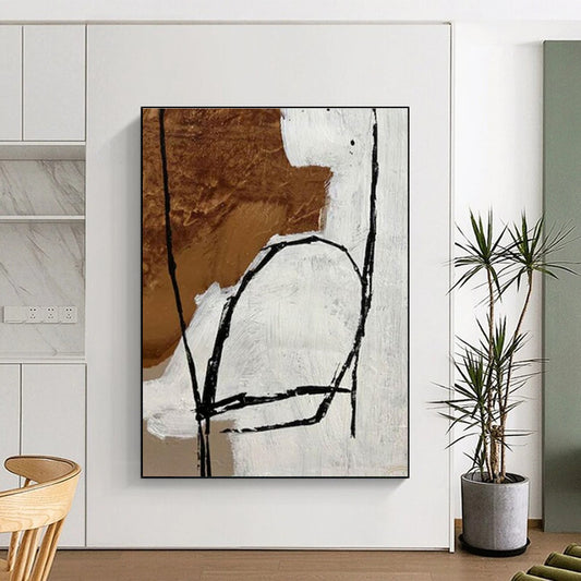 Handmade Art Black, White, and Brown Linear Abstract Art PT687