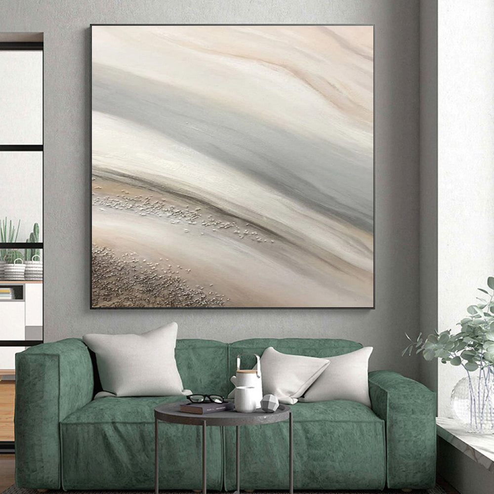 Handmade Art Beige, Gray and Silver Textured Abstract Flow, Large Contemporary Wall Art PT544