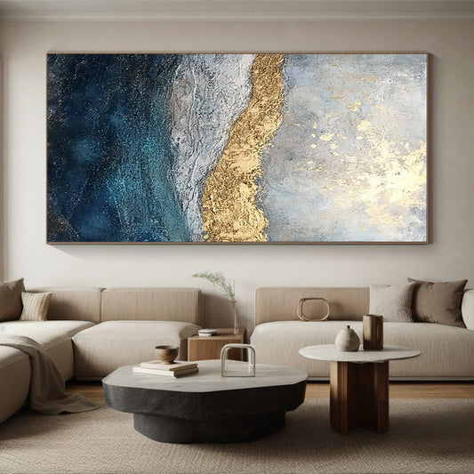 Original Large Abstract Paintings For Sale, Gold Blue Gray Abstract Textured Art PT172