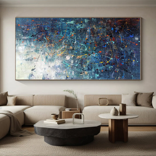 Acrylic Modern Art Paintings in Navy, Teal, Orange, Yellow, and Pink Abstract Splatters and Lines PT243