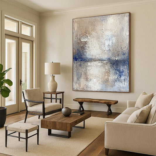 Hand Painted Art Beige, Gray & Blue Textured Abstract Painting On Canvas PT123