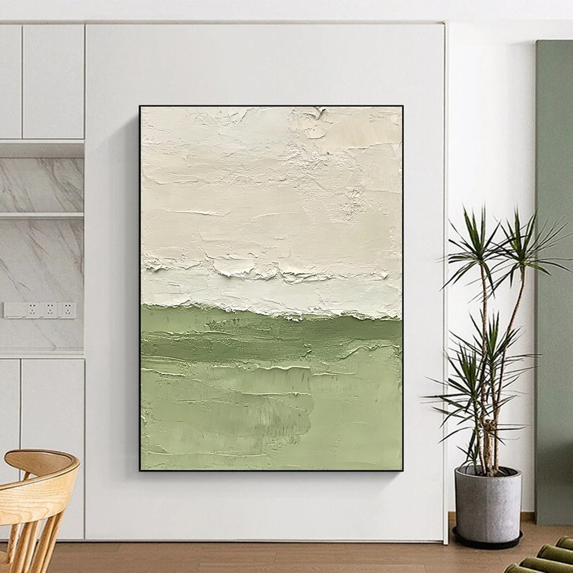Large Abstract Painting For Living Room With Green, White Textured Landscape-Inspired On Canvas PT190