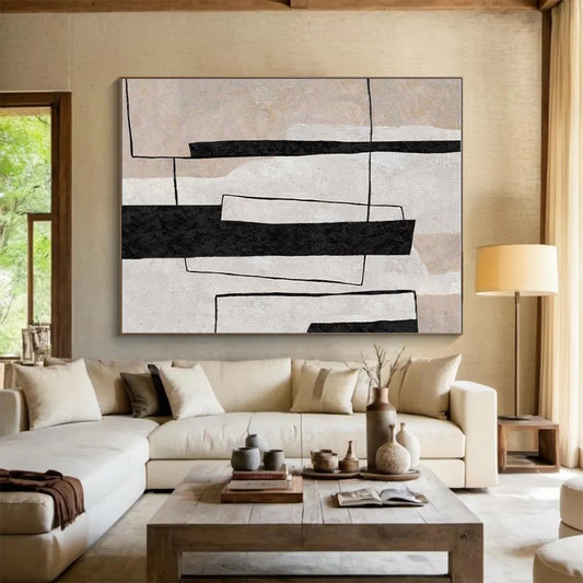 Modern Art Acrylic Black and Beige Geometric Abstract Art PT680