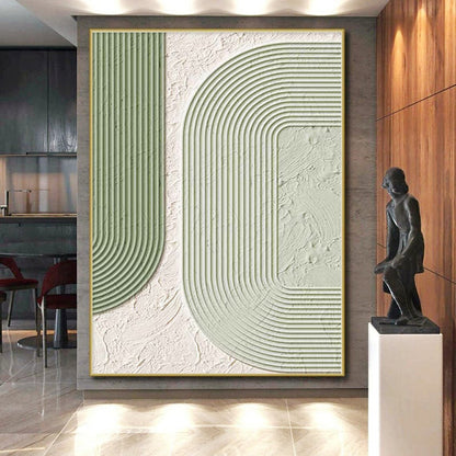 Oversized Abstract Wall Art Green & White Geometric Textured Abstract Painting On Canvas PT078