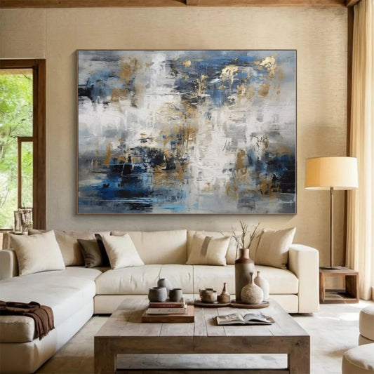 Oversized Abstract Wall Art Blue, Gold, and Gray Textured Abstract Art PT746