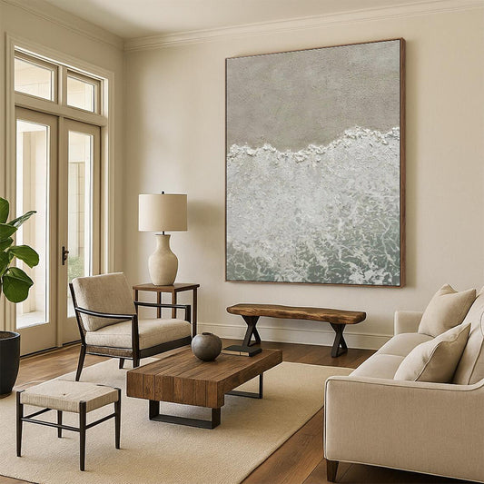 Large Painting In Living Room Gray, White, and Green Textured Abstract Seaside Art DPS480