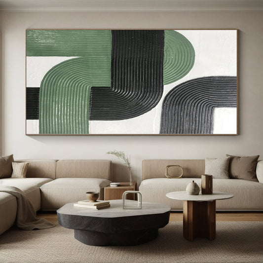 Hand Painted Art Green & Black Textured Geometric Abstract Painting On Canvas PT033