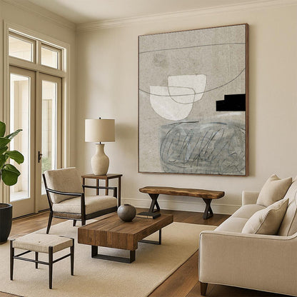 Minimalist Canvas Art in Beige, White, and Black Abstract Geometric Shapes PT242