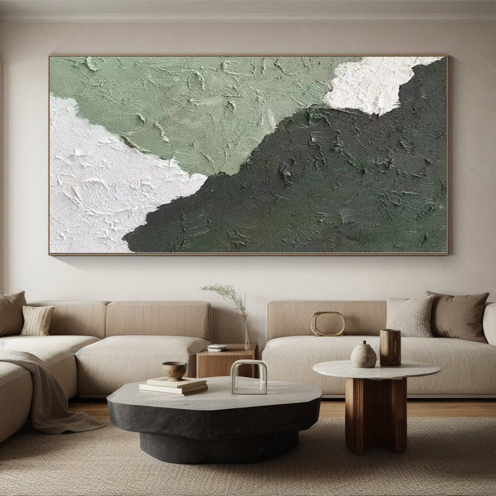 Hand Painted Art Green & White Textured Abstract Painting On Canvas PT063