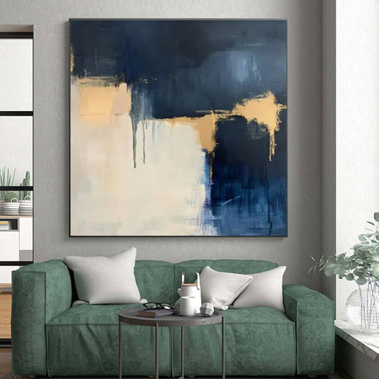 Modern Art Acrylic Navy, Beige, and Gold Textured Abstract Art PT748