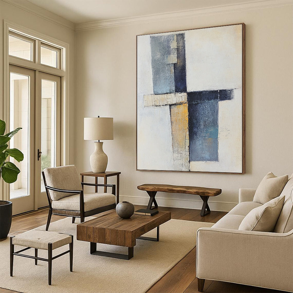 Modern Large Abstract Canvas Painting, Blue Beige Gray Abstract Geometric Art PT157
