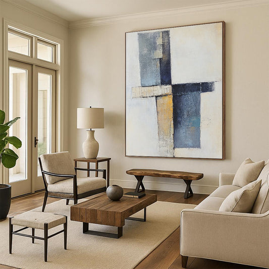 Modern Large Abstract Canvas Painting, Blue Beige Gray Abstract Geometric Art PT157