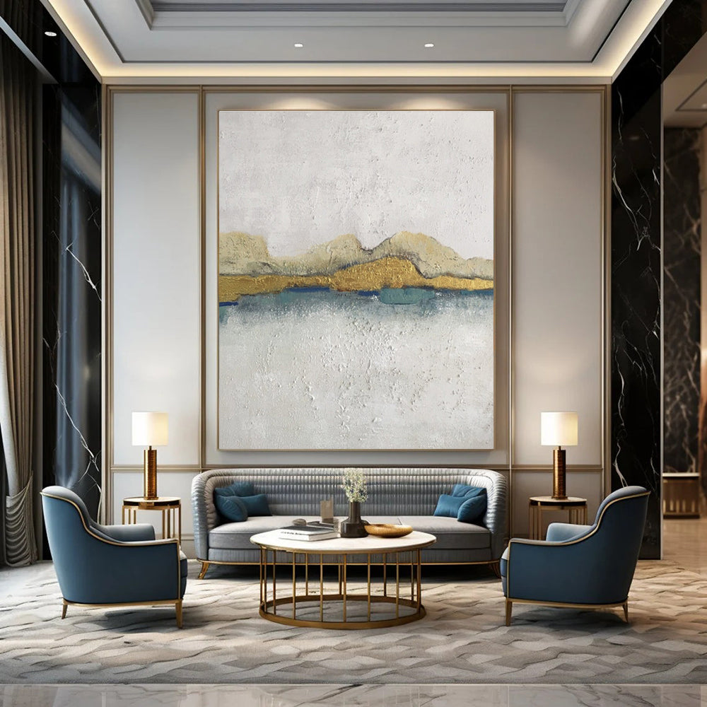 Huge Size White, Gold, and Blue Textured Abstract Landscape Art DPS468