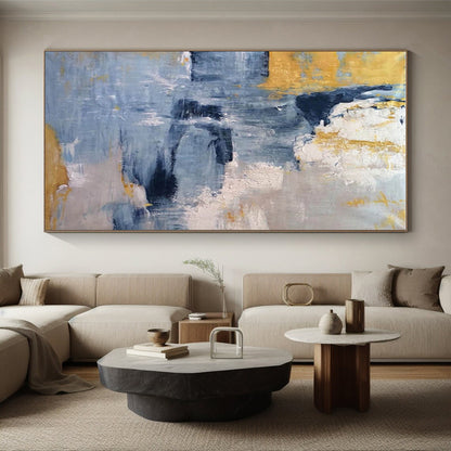 Modern Art Acrylic in Blue, Grey, Yellow, and White Abstract Textural Layers PT248