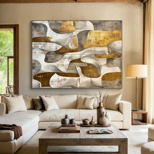 Hand Painted Art with Gold, Gray, and White Organic Abstract Shapes, Large Contemporary Wall Art PT204