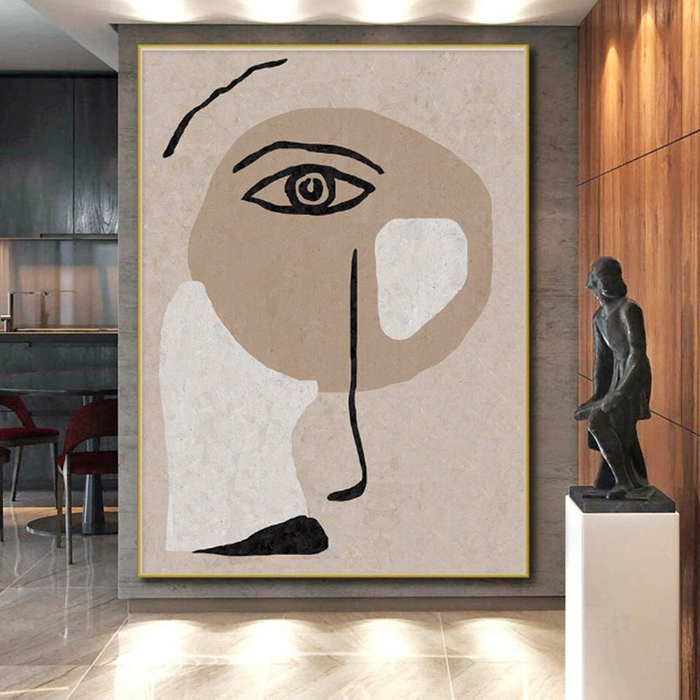 Unique Abstract Art Beige, Black, and White Facial Abstract Art PT702