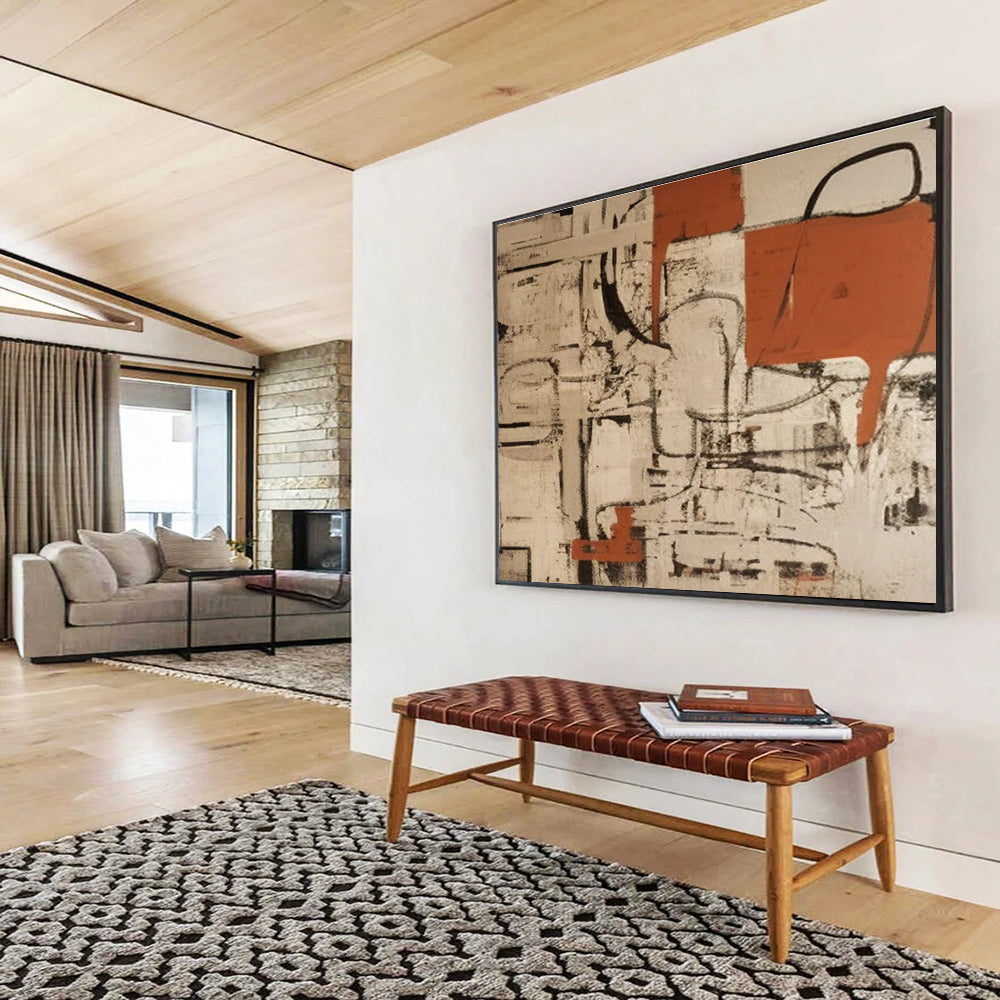 Large Size Orange, Black & Beige Abstract Geometric Art HPS212