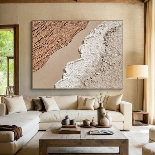 Handmade Art Beige, Brown and White Textured Abstract Landscape, Large Contemporary Wall Art PT553