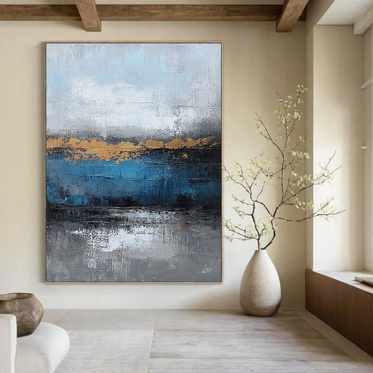 Large Contemporary Wall Art Blue, Gray, and Gold Abstract Landscape Painting DPS429