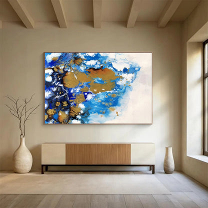 Acrylic Modern Art Paintings Blue, Gold & White Fluid Abstract On Canvas HPS058