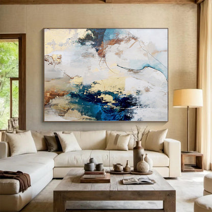 Hand-Painted Blue, Beige, and Gold Abstract Art with Dynamic Brushstrokes PT011