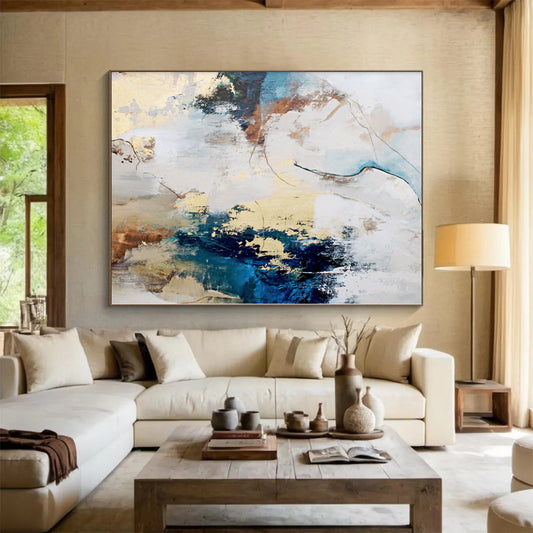 Hand-Painted Blue, Beige, and Gold Abstract Art with Dynamic Brushstrokes PT011