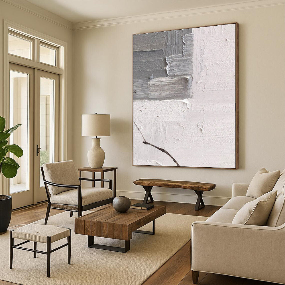 Handmade Art in Grey and White Textural Abstract Layers Painting PT263