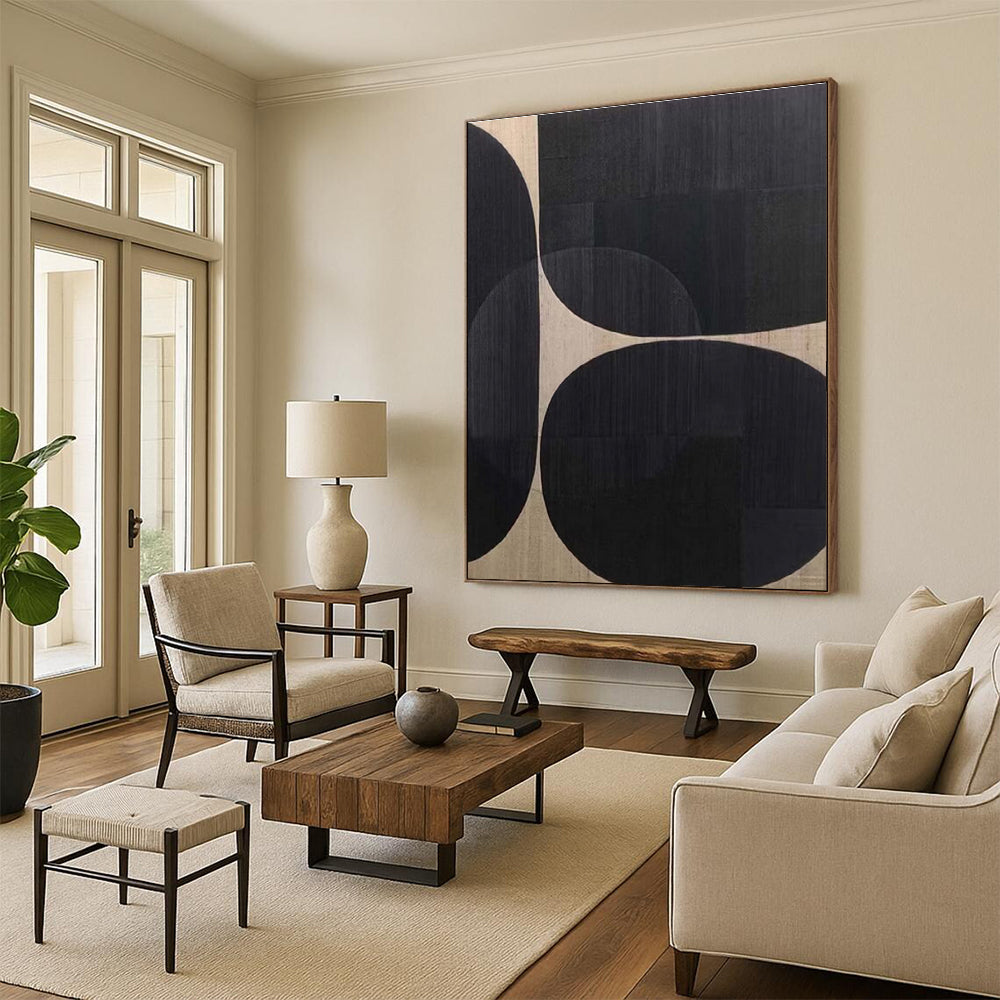 Minimalist Canvas Art in Black and Beige Circular Geometric Shapes, Hand Painted Art PT324