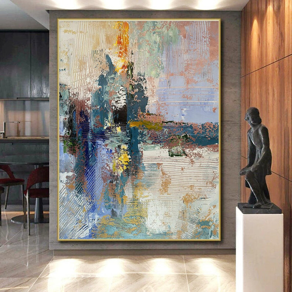 Acrylic Modern Art Paintings Blue, Gold, and Pink Textured Abstract Art PT772