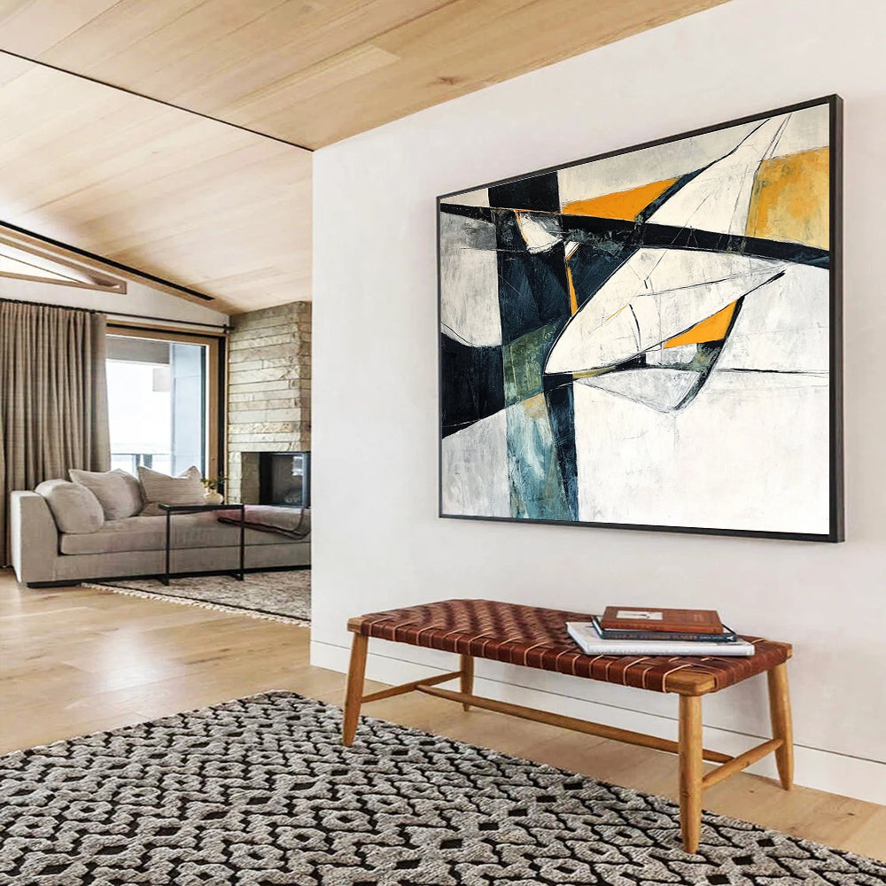 Gaint Canvas Art Black, White, Orange, and Teal Geometric Abstract Painting HPS312