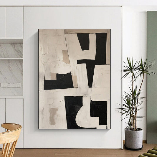 Modern Art Acrylic Black, White, and Beige Geometric Abstract Art PT759